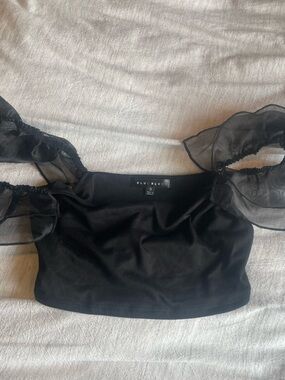 Blue Blush Black Sheer Puff Sleeve Crop Top